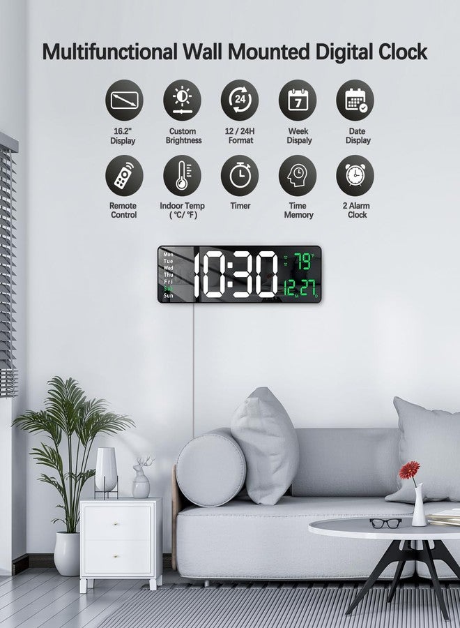 JoFomp Modern 16" Large Digital Wall Clock with Remote Control, LED Display, Auto-Dimming, Countdown, Temperature, Calendar - 12/24Hr Format (Green),Acrylonitrile Butadiene Styrene - Image 4